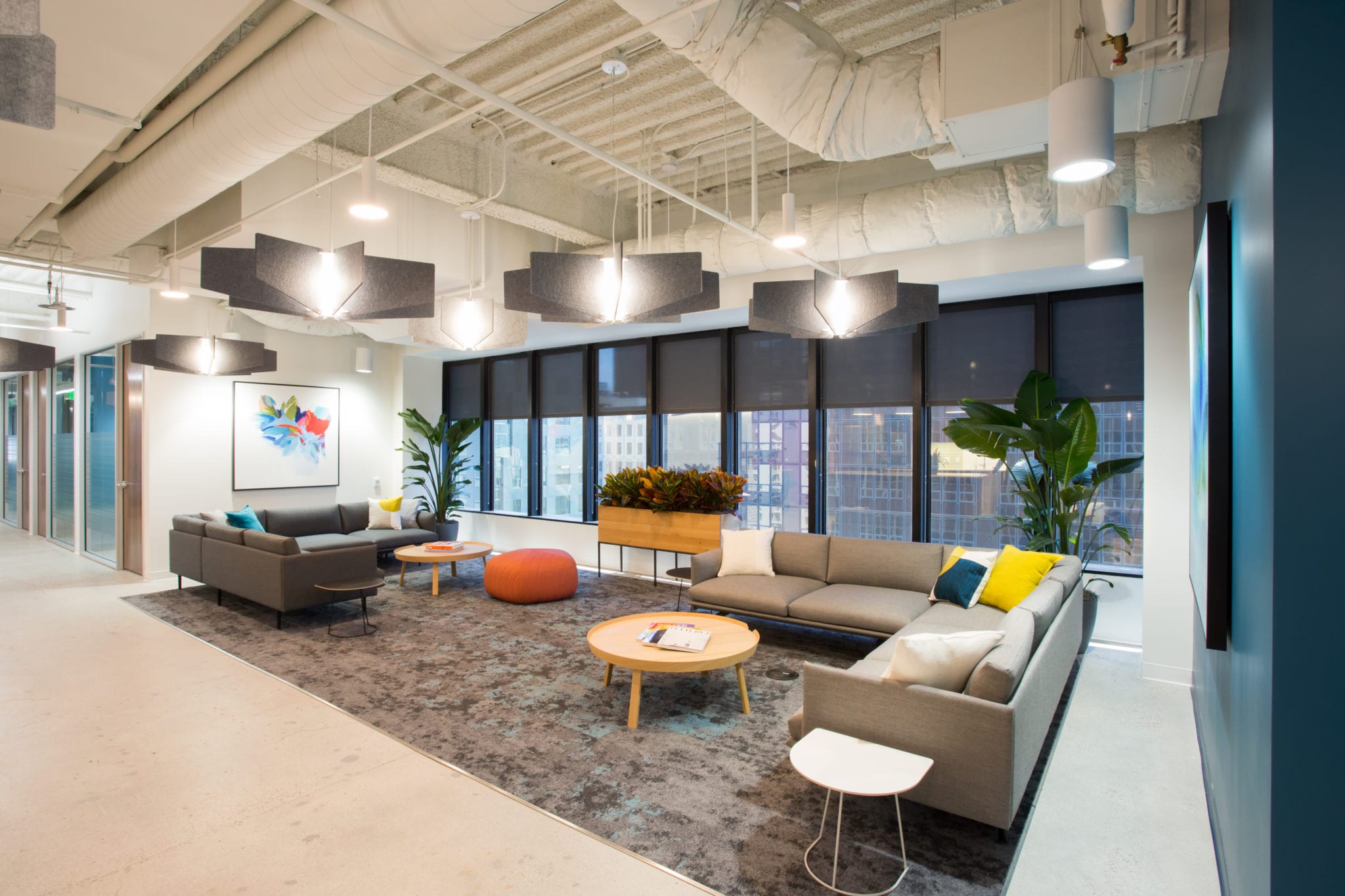 Modernly designed common area at Carr Workplaces in Downtown LA